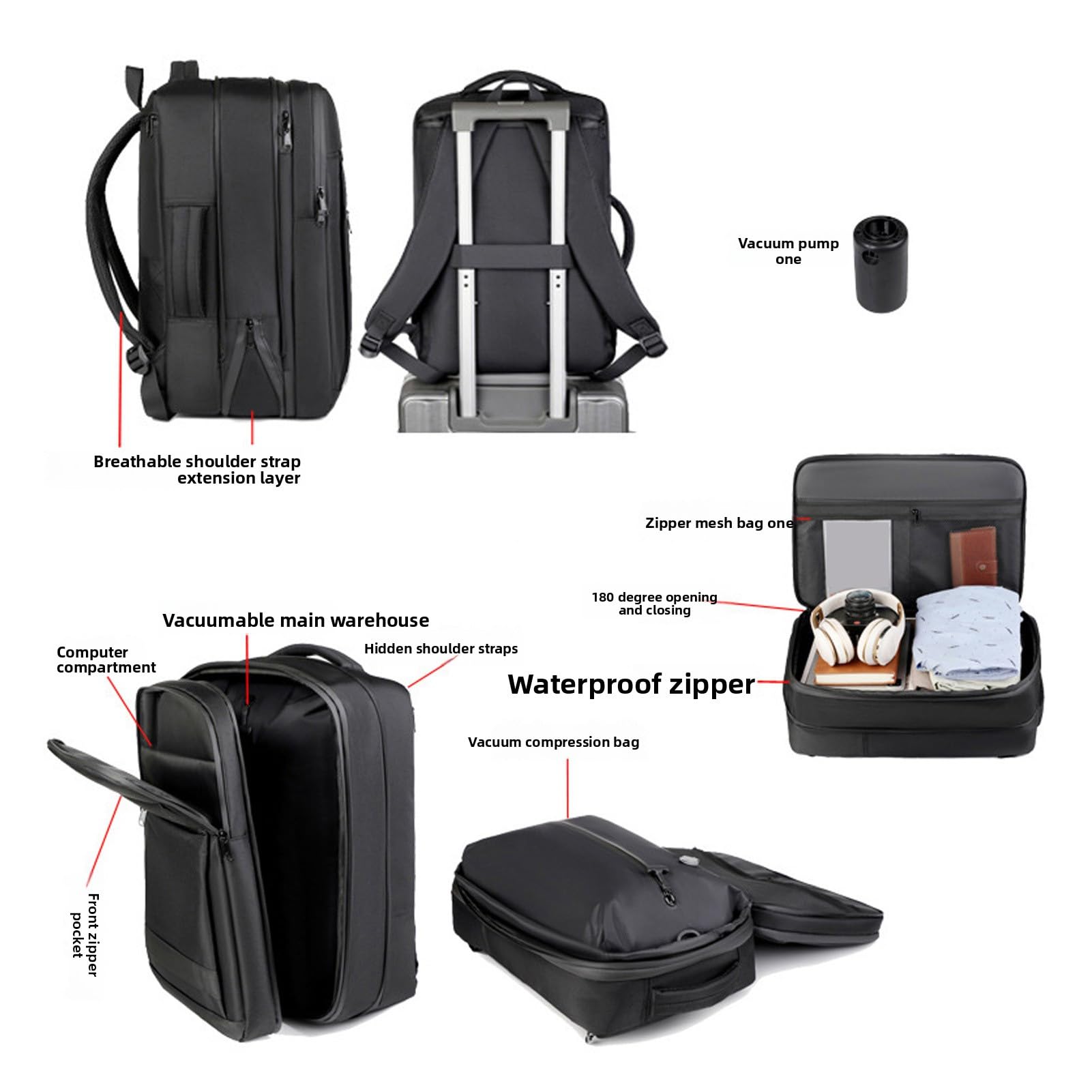 Zaino con Pompa a Vuoto, Zaino a Compressione Sottovuoto in Tessuto Oxford da 36 a 55 Litri con Scomparto per Laptop con Apertura a 180° Design Impermeabile per Viaggi di Lavoro Pendolari