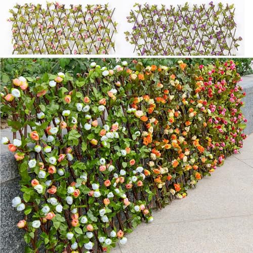Panel telescópico de privacidad para jardín con diseño floral de rosas y marco de madera para balcón, ventana, pared y decoración vertical (rosa oscuro)