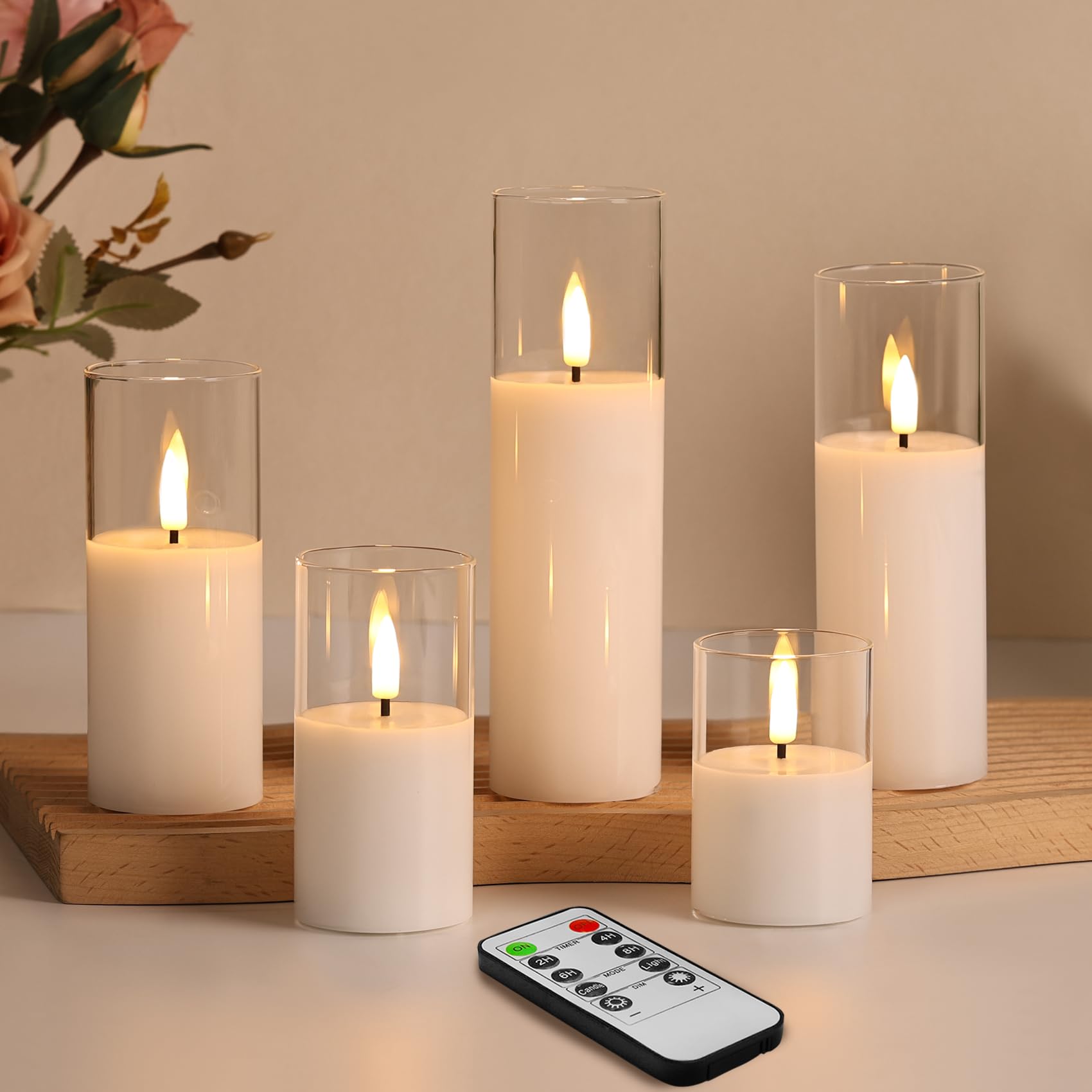 Eywamage Clear Glass Flameless Candles with Remote Batteries, Slim Tall LED Pillar Candles Battery Powered, Set of 5