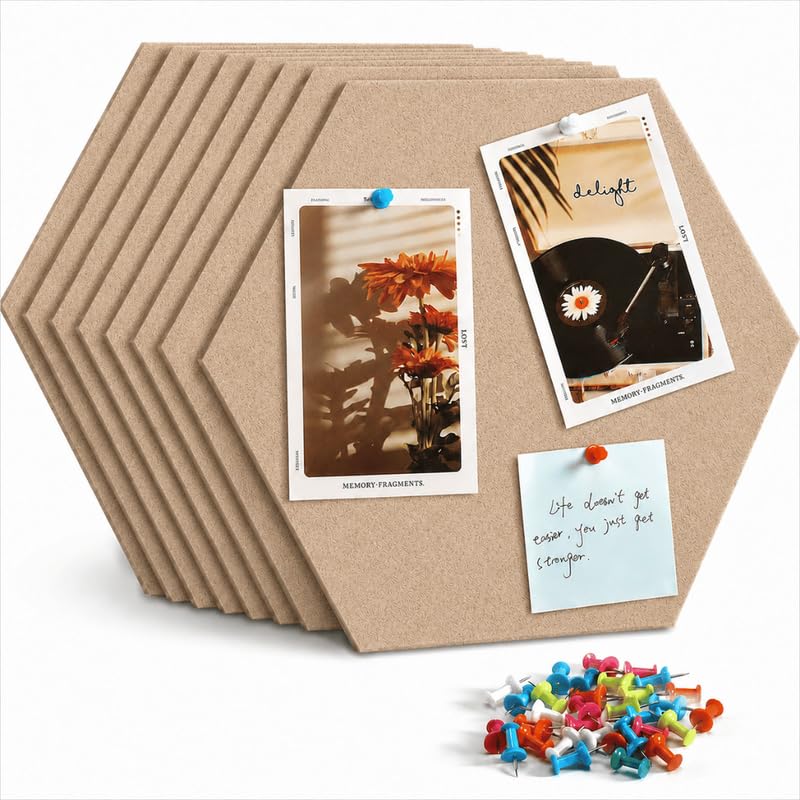 Image of Quiet Canvas Hexagon Pinboard, 1x1 ft, Pack of 8, 50 PushPins, (Sand)