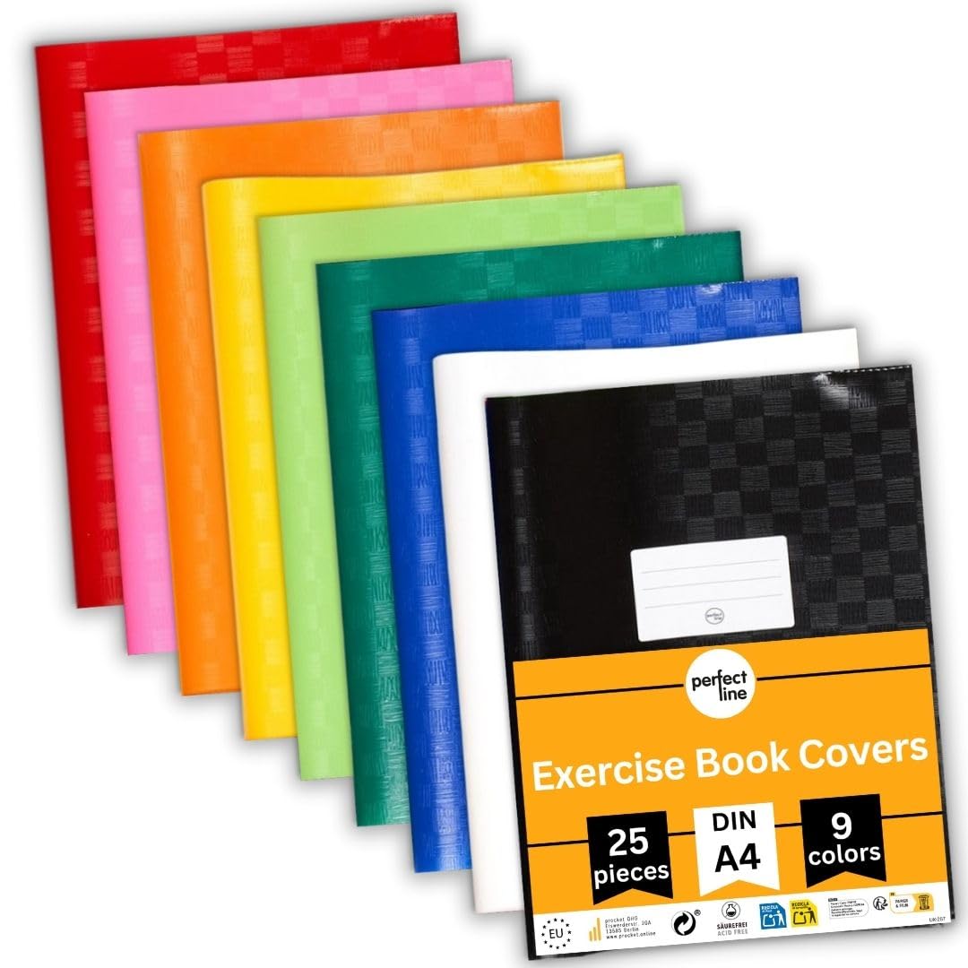 • Pack of 25 Exercise Book, 8.34 x 11.69 Inch, Recyclable Plastic Cover, 9, Book Cover Protector DIN A4