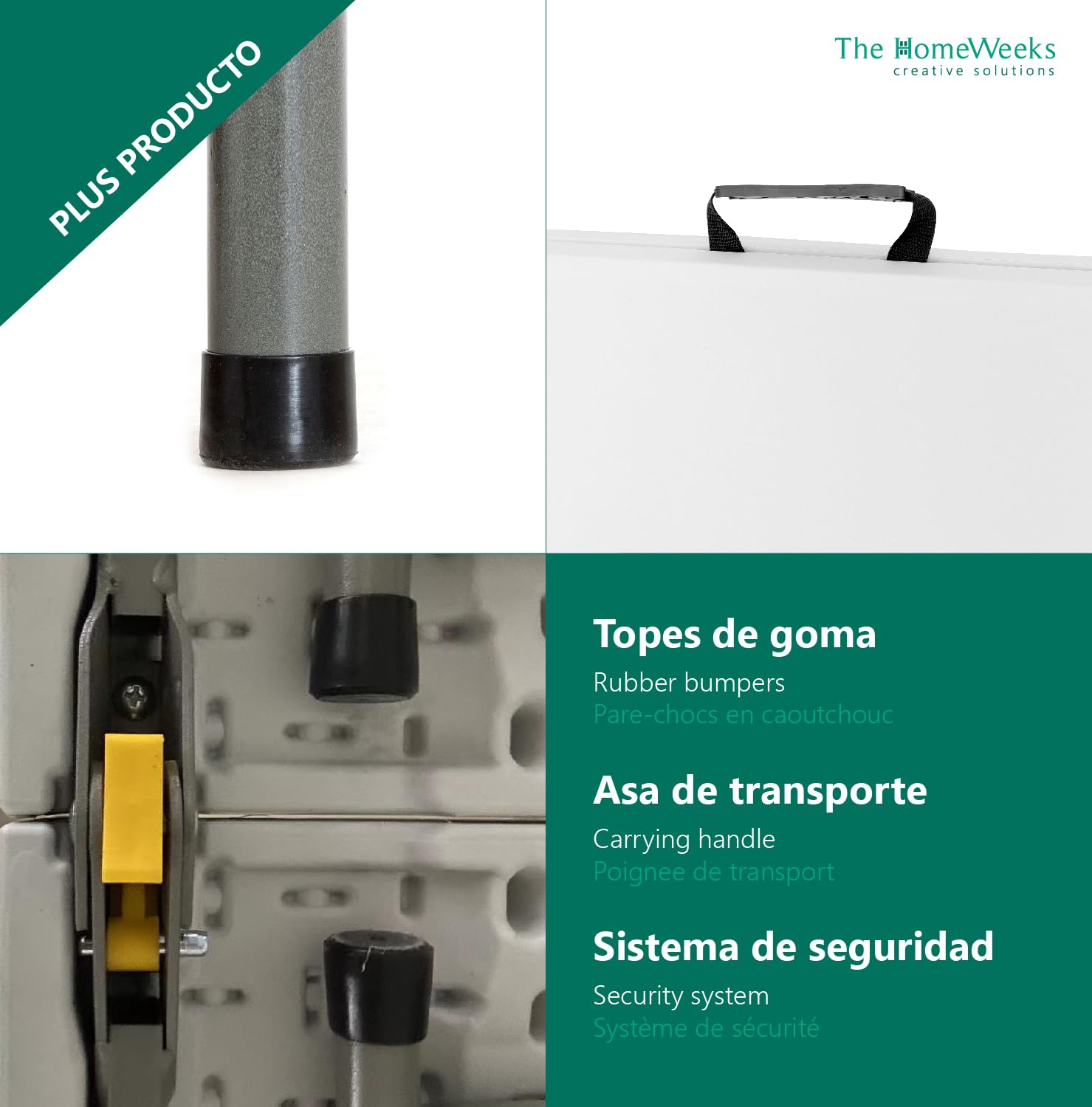 The Homeweeks Tavolo pieghevole solido 120 x 60 x 48/61/74 cm Altezza regolabile e portatile Normativa Uso pubblico per interni/esterni (EN 581-1/3). Pannello in resina HDPE 3,5 cm Capacità 4 persone