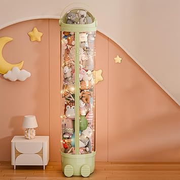 Stuffed Animal Storage Tube with Zipper LED Light, Toy Bucket with Lid, Vertical Storage Tube for Toys, Space-Saving Toy Tower for Kids Room