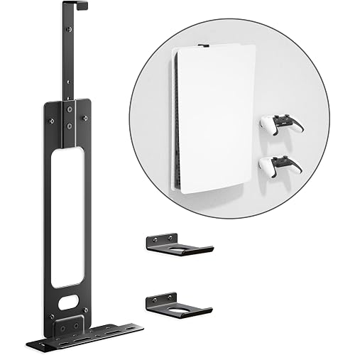 Upgraded Adjustable Console Holder Wall Mount for PS5: Black Gaming Stand for PlayStation 5/PS5 Slim/Pro Digital Disc Edition With 2 Controller Kits Black