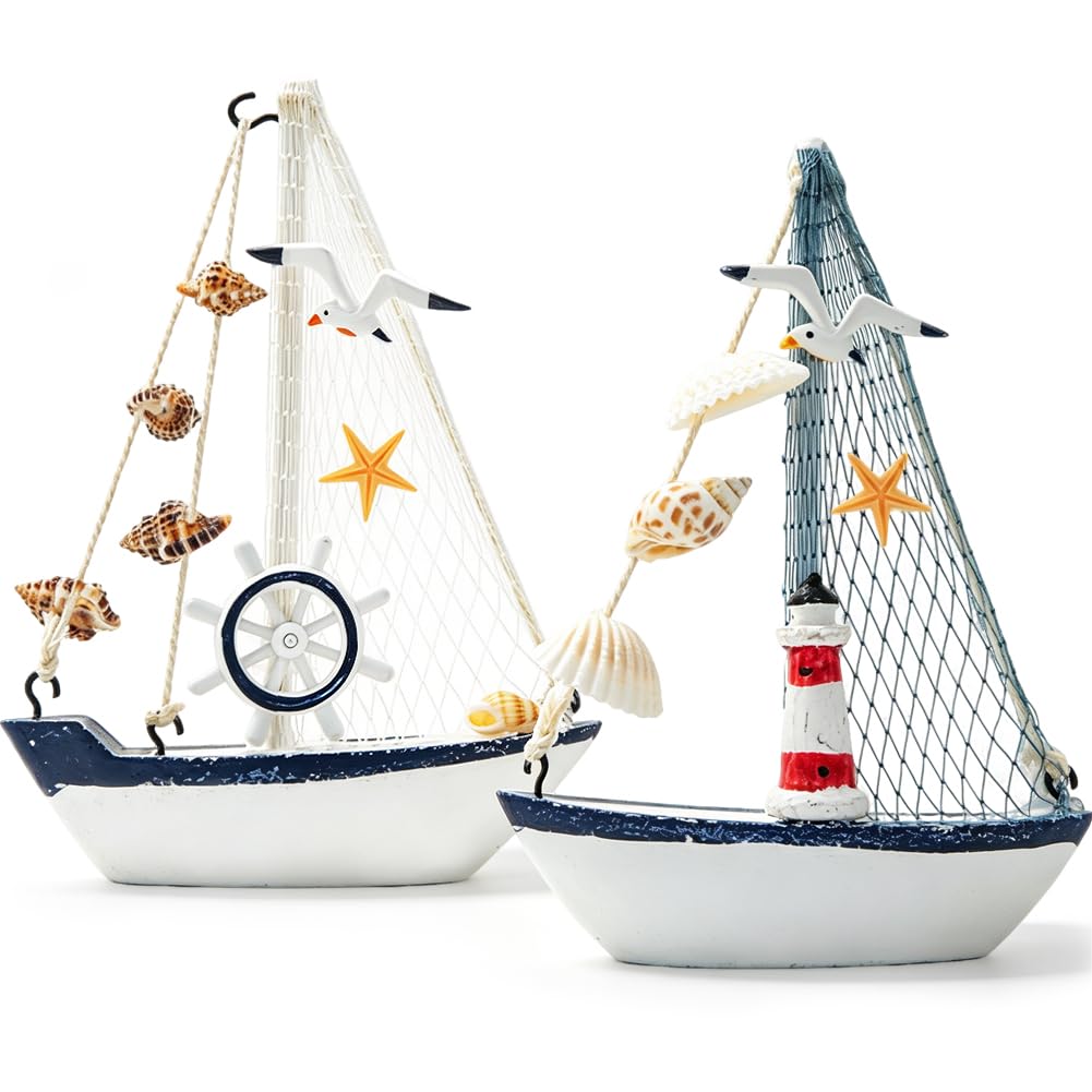 Geluode 2PCS Mini Sailboat Model Decoration,Wooden Sailing Boat Model with Seashell and Lighthouse Nautical Sailboat Statue for Coastal Beach Nautical Ocean Themed Lake Wedding House Ornaments Gift