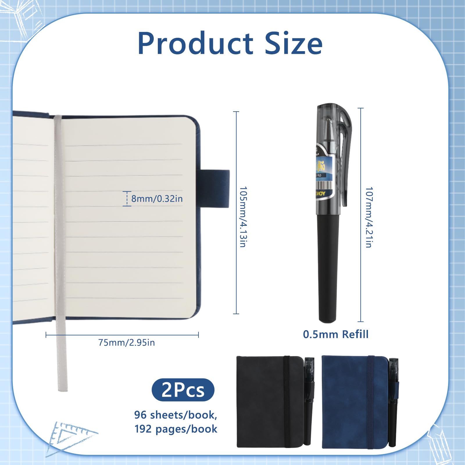 HOCUCHELAND 2 Pack Small Pocket Notebook with Pen, 192 Pages Small Notebooks Pocket Size with Elastic Band and Bookmark - Image 2