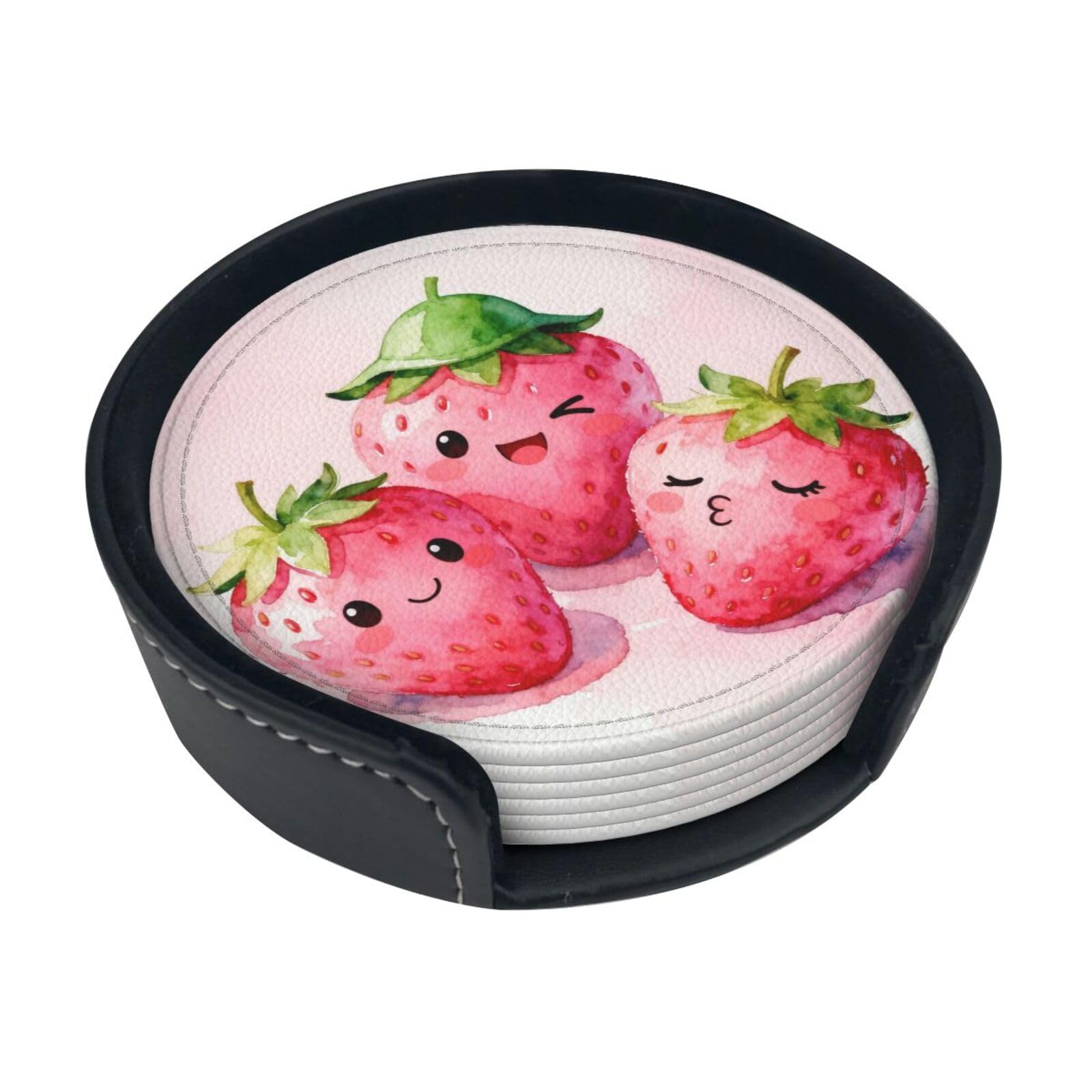 Cntdbu White Smiling Strawberry Leather Coasters Set Of 6-Pu Leather Drink Mats For Table, Heat Resistant Round Coasters With Holder