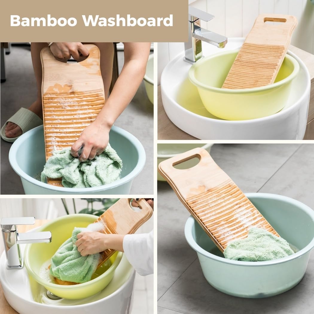 2 tablas de lavado de bambú natural para lavandería, tabla de lavado de manos de bambú, tabla de lavado gruesa antideslizante para pequeños trabajos de lavado, tabla de lavado de diseño colgante