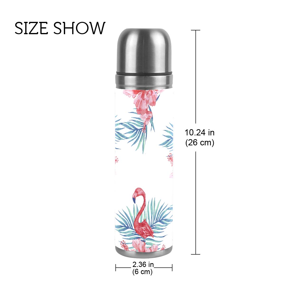 Taza de viaje aislada al vacío de acero inoxidable con doble pared a prueba de fugas, botella de taza con diseño de flamencos rosados y hibisco personalizado impreso en piel auténtica, 500 ml