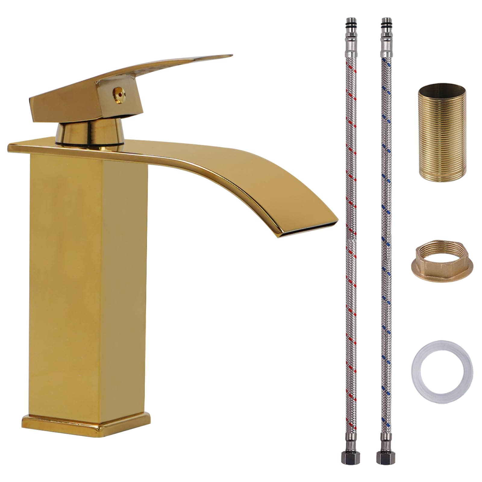 Robinet Salle Bain Robinet Cascade Lavabo en Acier Inoxydable Or | avec Corps en Céramique Pas de Bruit Mitigeur Lavabo Monocommande Chaud et Froid à Double Commande Economies D'eau Chromé Or