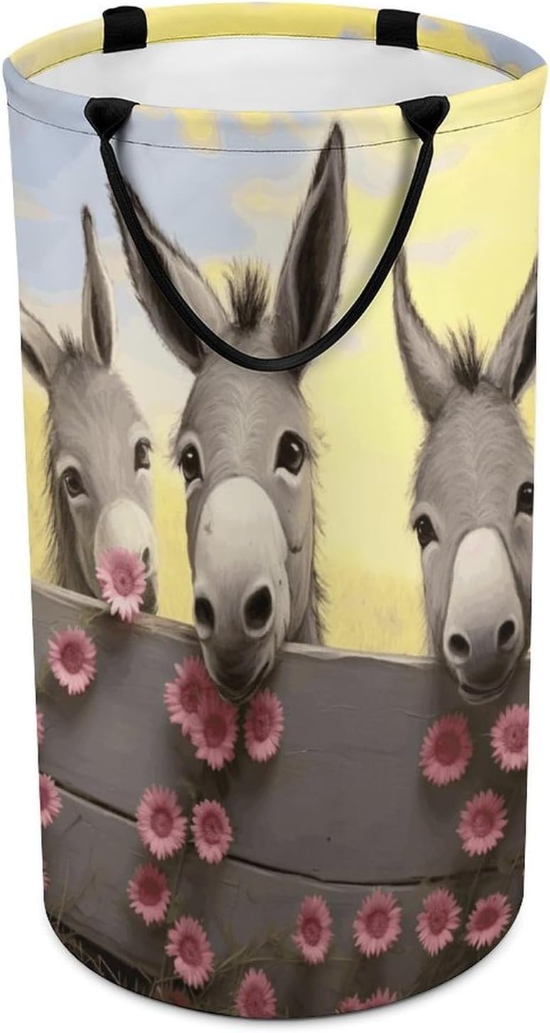 Donkey And Flower Laundry Hamper with Handles Waterproof Collapsible Laundry Basket Large Lightweight Round Dirty Clothes Hamper for Home Dorm Bathroom Decor