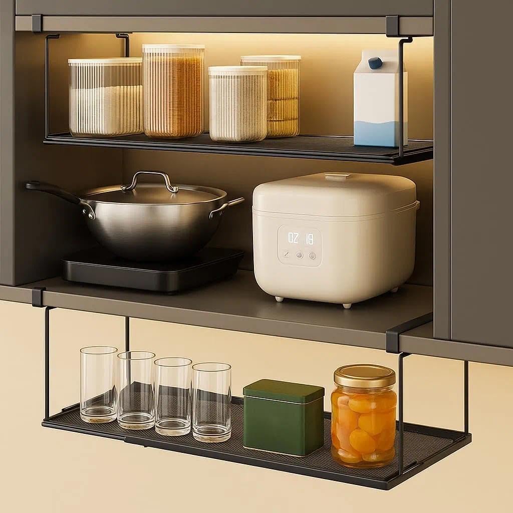 Czarny organizer do szafki kuchennej, regał dolny, kosz wiszący, regulowany, metalowy regał pod szafkę, 38-70 cm, do przechowywania w kuchni, sypialni i biurze