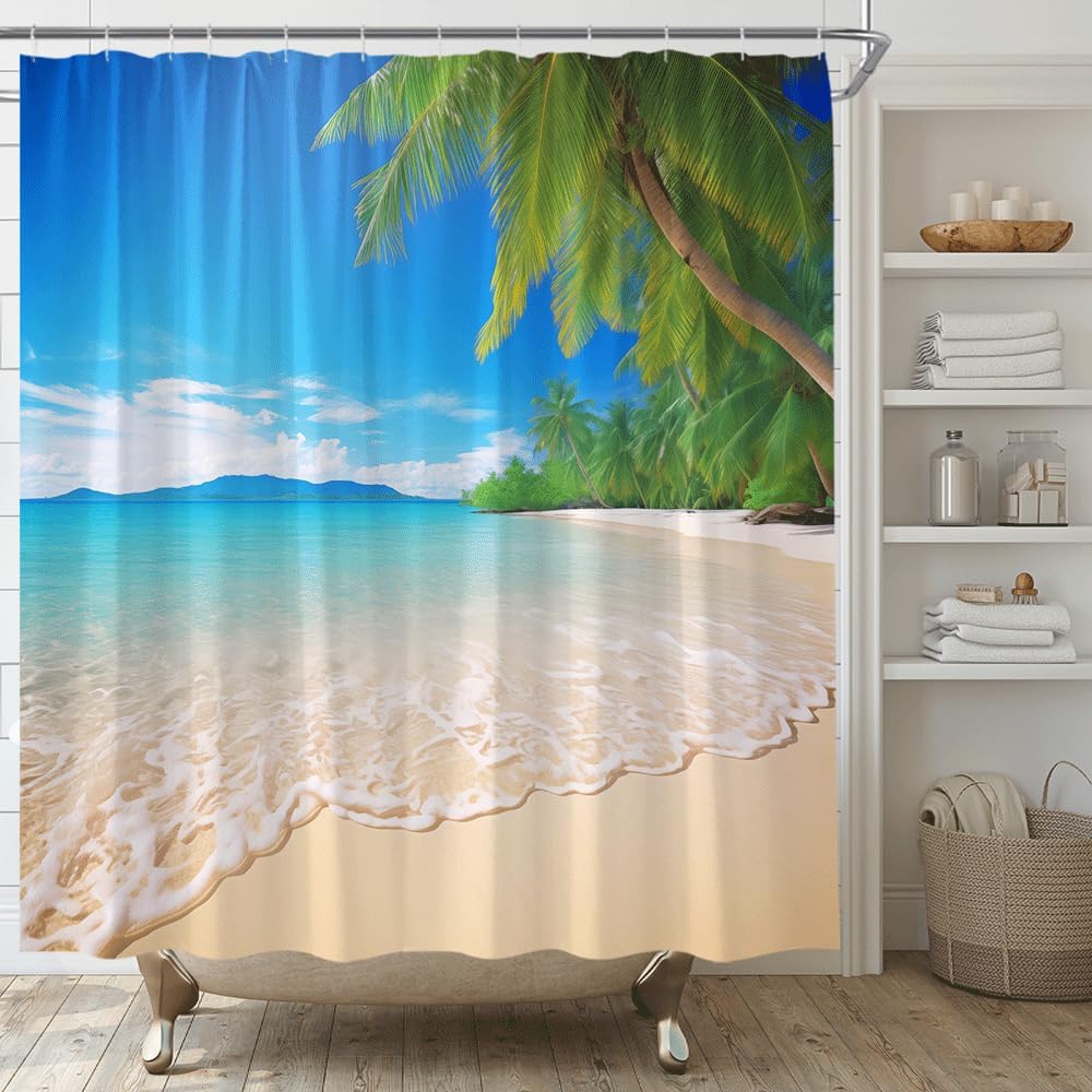 Sunset Beach Scene Shower Curtain Tropical Hawaii Beach Palm Tree Ocean Wave Sea Water Sunset Theme Fabric Bath Curtain Bathroom Decor Sets with Hooks,(70" Wx78 H)