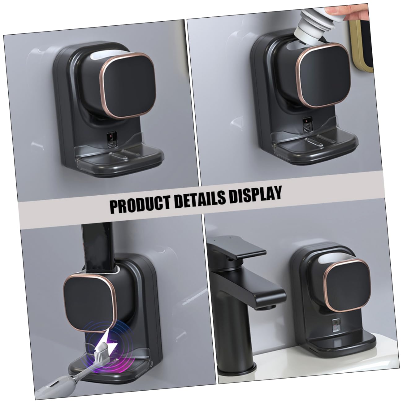 Dispenser Elettrico per Dentifricio Sensore Nero in Plastico | Montaggio senza Fori, Adatto per Crema Mani e Detergente Viso, Cavo USB Incluso