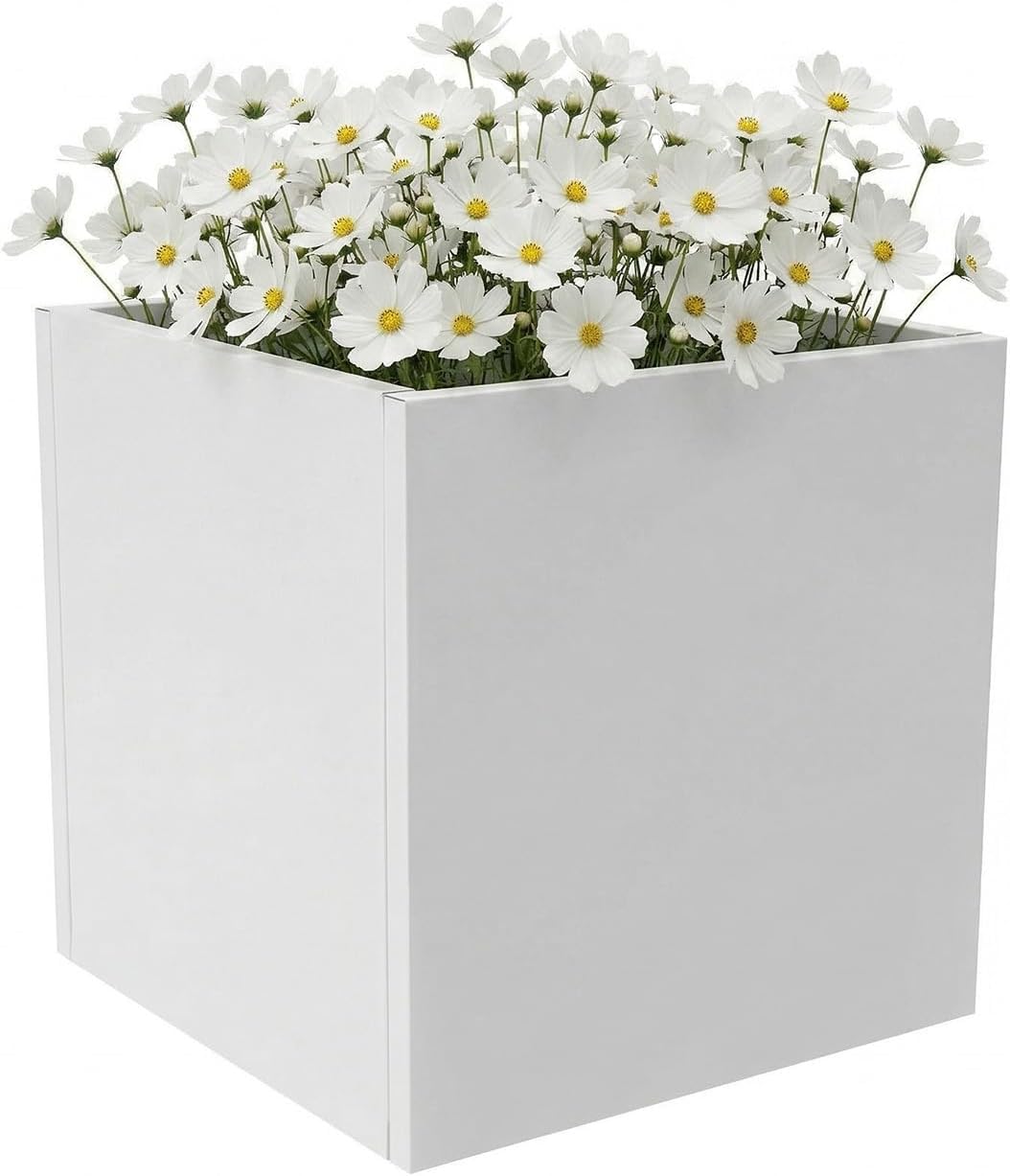 Cube Planter Box Steel Square Indoor Outdoor Planters Large Plant Pot Heavy Duty Flower Pot for Patio, Deck, Yard, Garden, All-Weather Resistant (White, 20 Inch)