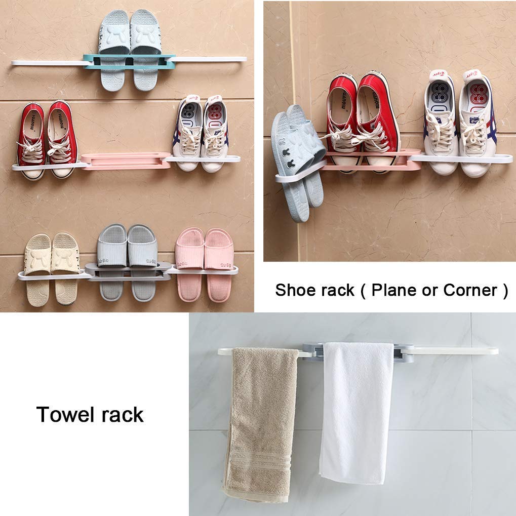 KINZILLA Plastic 3 In 1 Slippers Rack Shoes Organizers, Folding Holder Wall Mounted Shoe And Bathroom Towel Organizer Rack(Multicolorcolour), Multi-Coloured 1