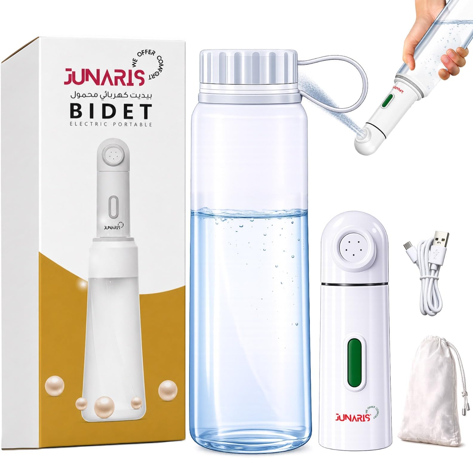 Portable Travel Bidet With Reservoir, Leak Proof, USB-Type C Mini Electric Rechargeable Travel Shattaf, Water Sprayer for Women and Men, Personal Hygiene Cleaning