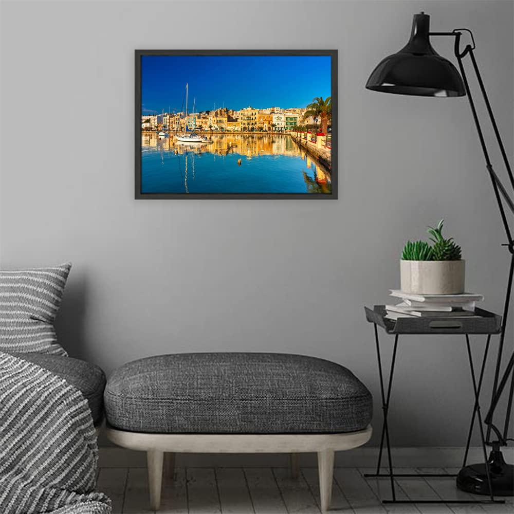 VERRE ART Black Floater Framed Canvas - Wall Decor for Living Room, Bedroom, Office, Hotels, Drawing Room (22in X14in) - Marina Of Birgu