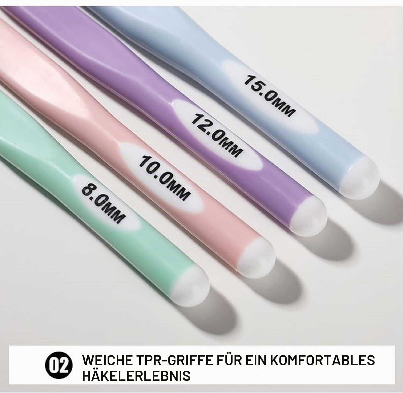 KOKNIT Häkelnadeln Set, ergonomischer Griff, Häkelnadel Set für arthritische Hände, bequeme, bunte Häkelnadeln, 8–15 mm, 4 Stück