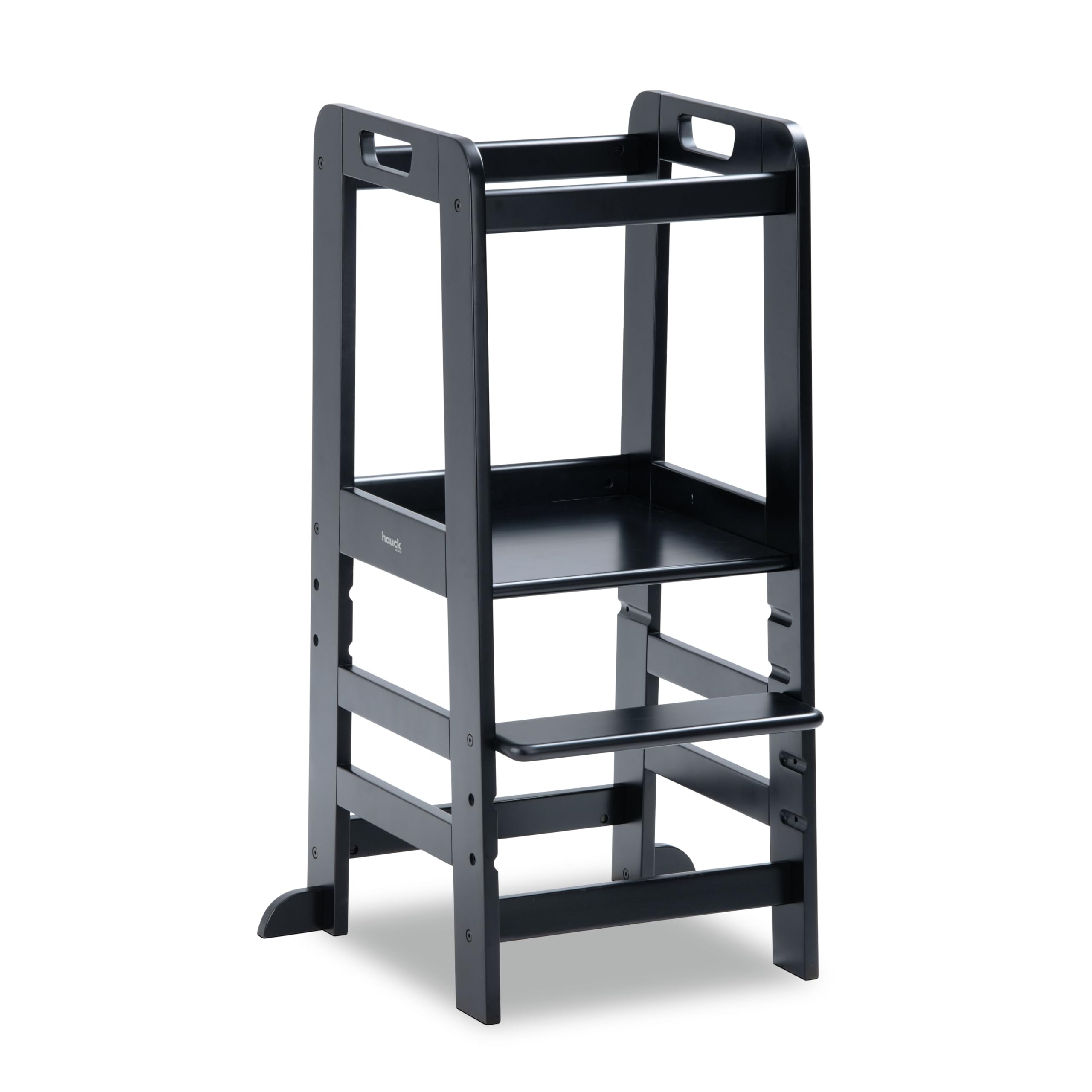 hauck Learn N Explore, Black - Mitwachsender Kinder Lernturm ab 1 Jahre bis 40 kg, Robustes Buchenholz, 3-Fach Höhenverstellbares Fußbrett ca. 33 bis 45 cm, für Küche & Bad