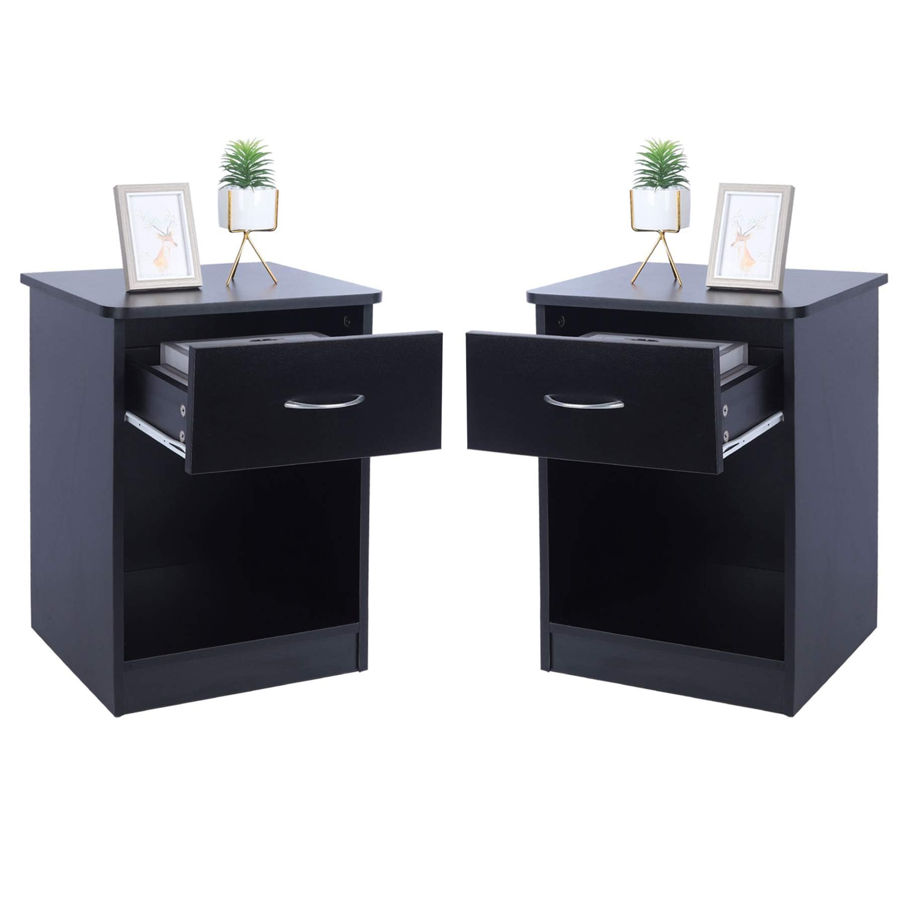 TINSAWOOD 1-Drawer Nightstand, End Table with Drawer and Open Storage Shelf, Nightstand Chest for Bedroom and Dorm Bedside, Black