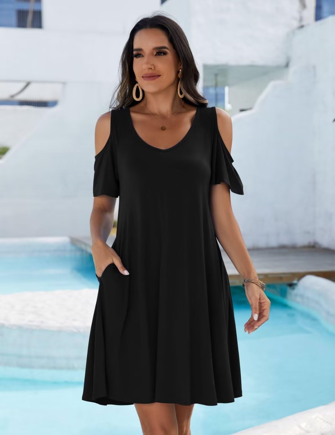 JollieLovin Womens Plus Size Short Sleeve Cold Shoulder V Neck T-Shirt Dress with Pockets - Image 2