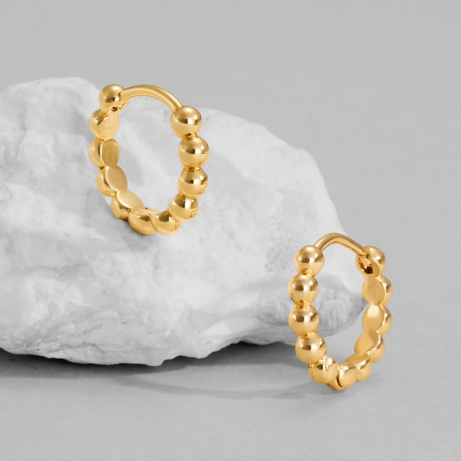 Dremmy Studios Dainty CZ Huggie Hoop Earrings 14K Gold Plated Chunky Simple Cute Thick Round Frill Bead Ball Starburst Cuff Earrings Cubic Zirconia Hoop Earrings Minimalist Personalized Gift for Her - Image 7