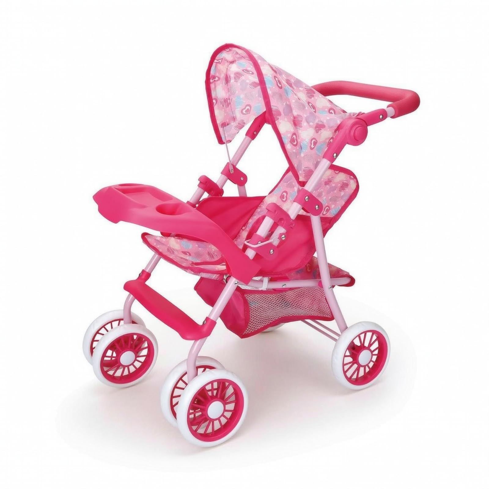 Carrito de Muñecas Pram Carro Juguete, Cochecito De Hierro Engrosado con Bandeja De Comida Y Ruedas Universales, Asiento De Altura Ajustable, Estampado De Corazones