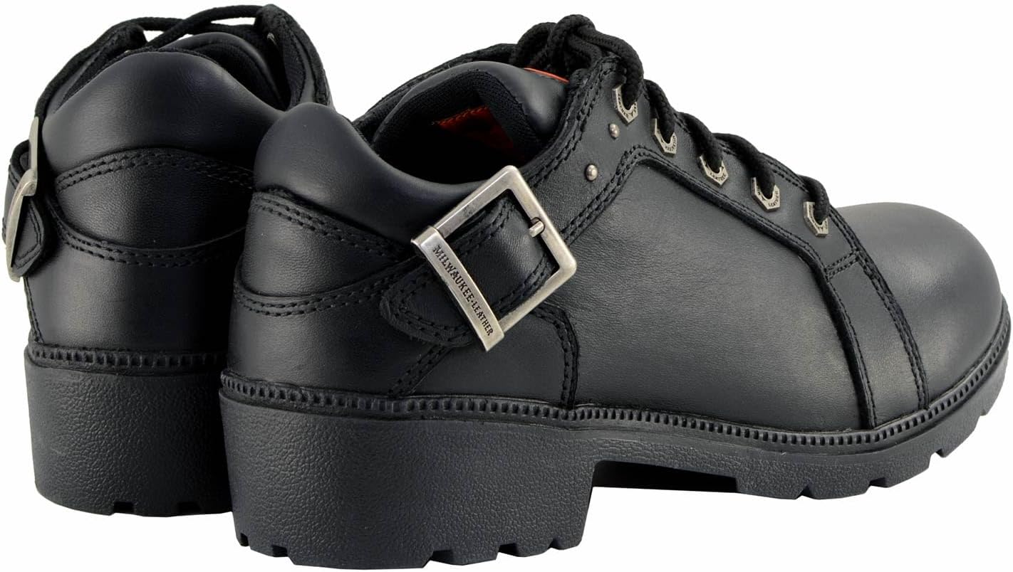 Milwaukee Leather MBL9311 Women's Black Leather Lace-Up Motorcycle Riding Shoes with Anti-Slip Outsole