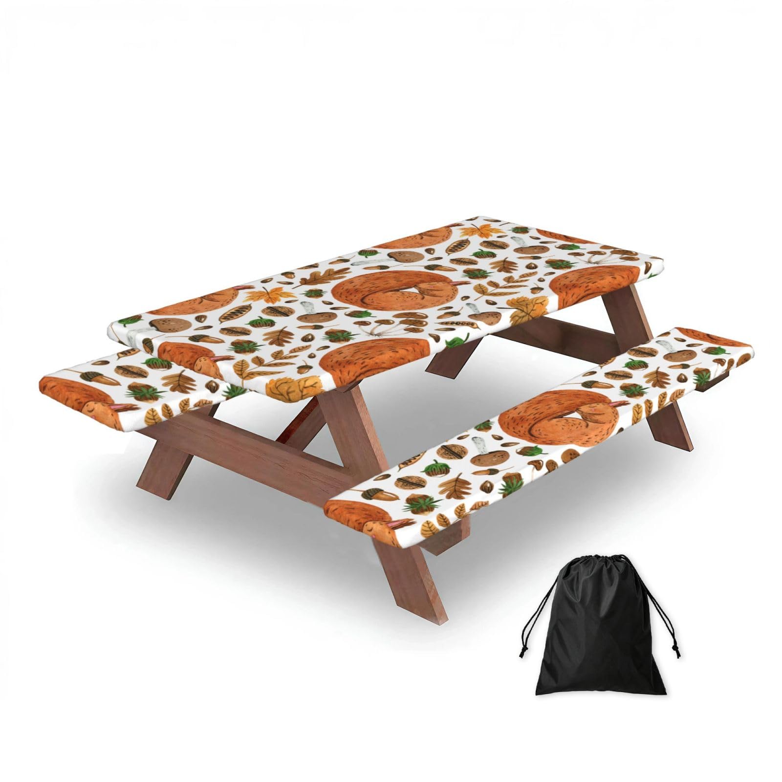 Squirrel, Picnic Table Cover With Bench Covers -Waterproof Elastic Fitted Tablecloth for Garden Camping Patio 76x152cm