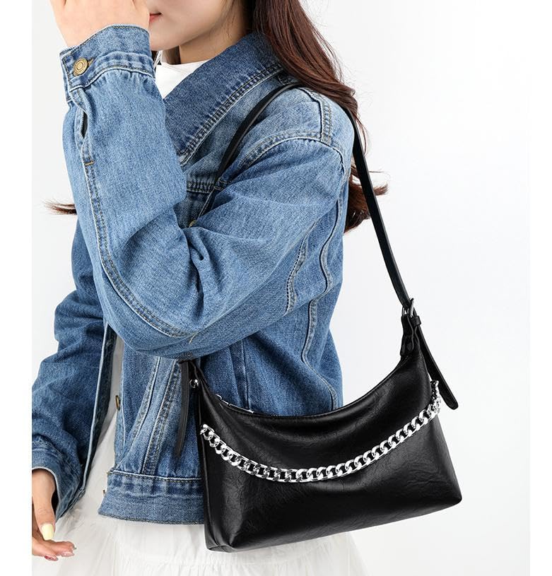 Women Shoulder Bag PU Leather Classic Trendy Purse with Adjustable Strap Chain Decoration2