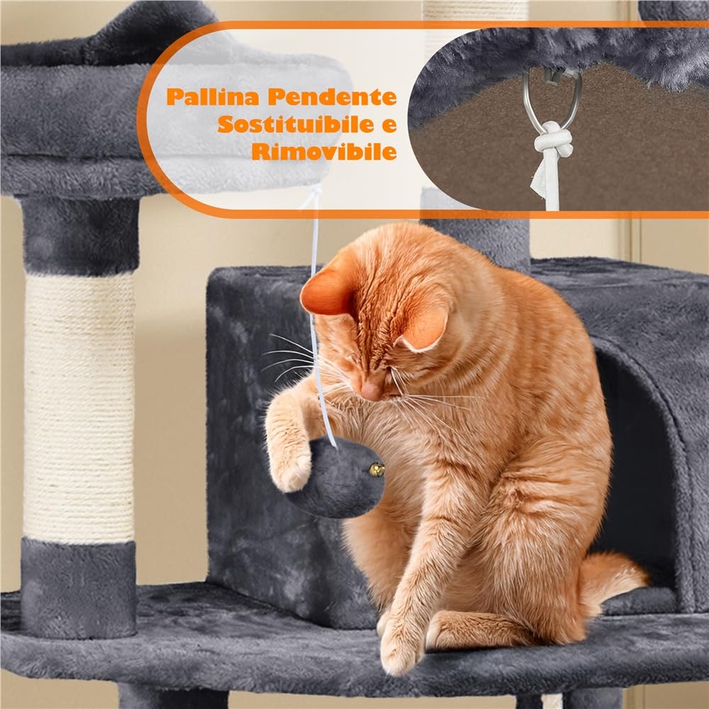 Yaheetech Albero Tiragraffi per Gatti Adulti Grandi Medi con Giocattolo Gioco Palle in Corda Sisal Naturale 61 x 49 x 158 cm Grigio Scuro