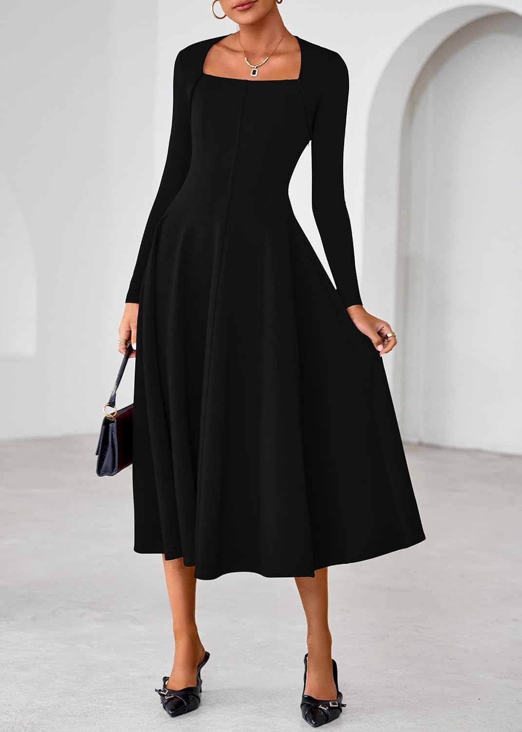 Lazysmile Long Sleeve Fall Dresses for Women Square Neck A Line Flowy Casual Elegant Wedding Guest Party Maxi Dress - Image 3