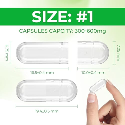 Miniatura 2 de Cápsulas vacías de tamaño 1 a base de plantas veganas transparentes (500 unidades) sin gluten, sin OMG, kit de llenado de pastillas con
