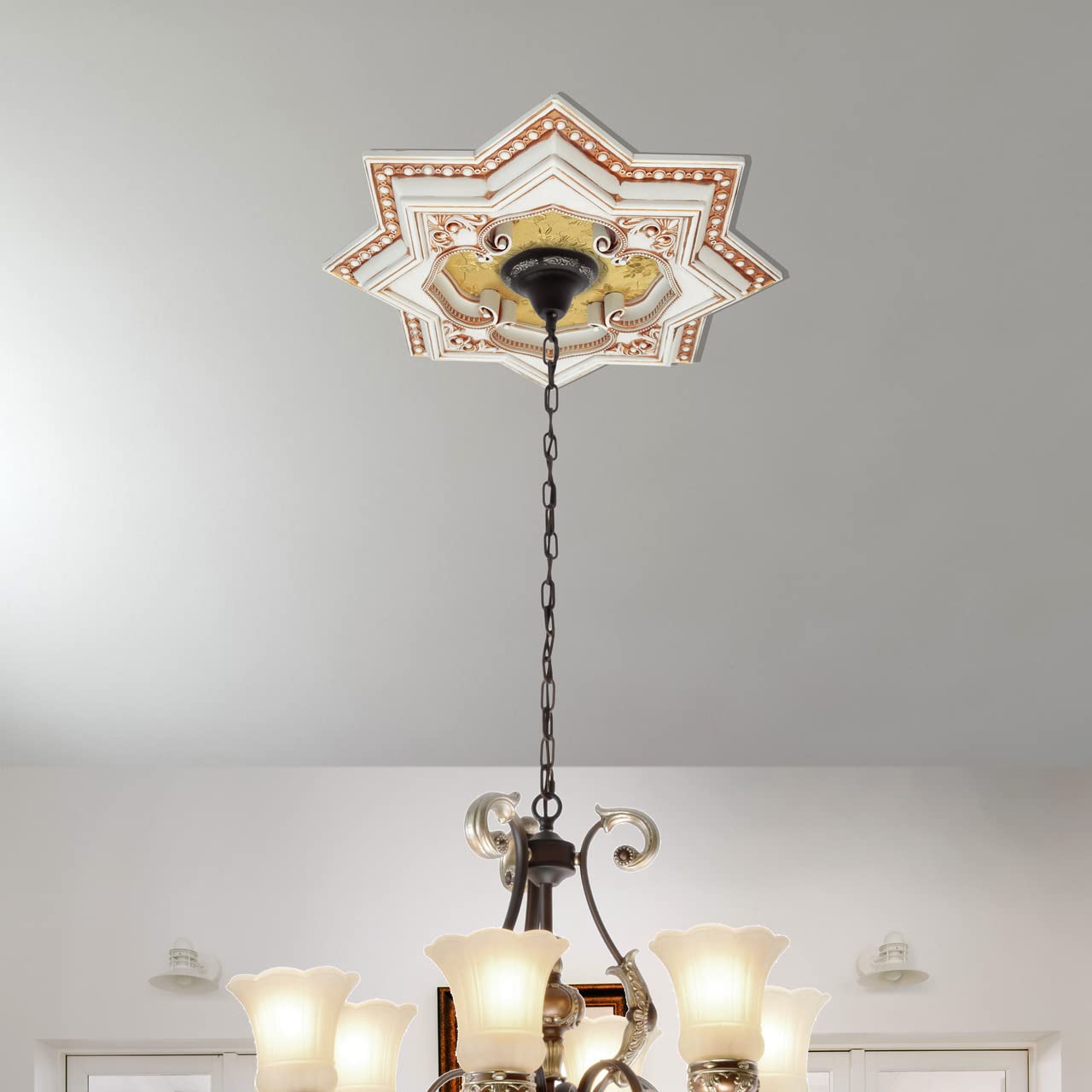 Eight-Pointed Star Chandelier Ceiling Medallion and Fan Medallion, 24 Inches, Ivory and Gold