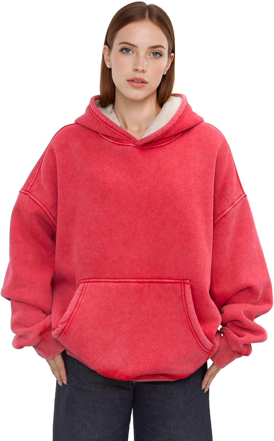 Oversized Acid Wash Hoodie for Women Sherpa Fleece Lined Hooded Pullover Unisex Vintage Streetwear Sweatshirt - Image 2
