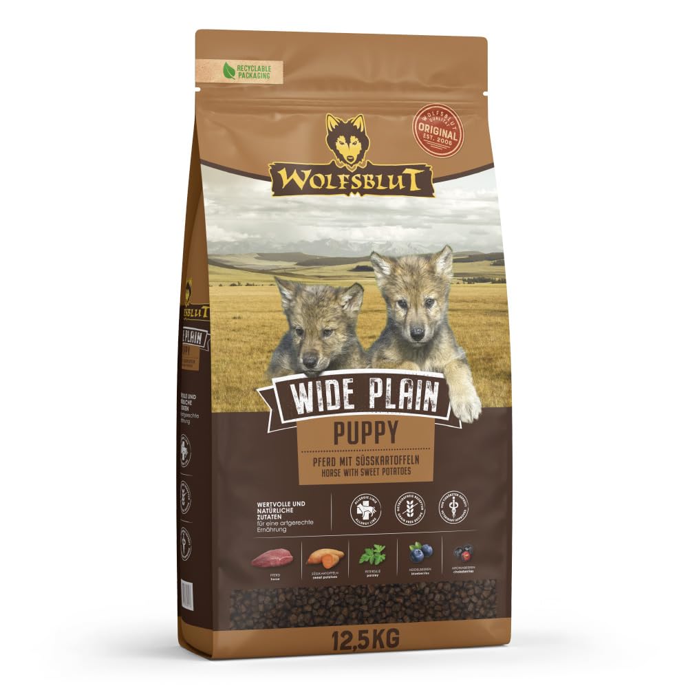 WOLFSBLUT – Wide Plain Puppy | Trockenfutter mit natürlichen Zutaten und wertvollen Superfoods für heranwachsende Hunde. Getreidefreies Alleinfutter ohne Zusatzstoffe im Beutel | 12,5kg Pferd