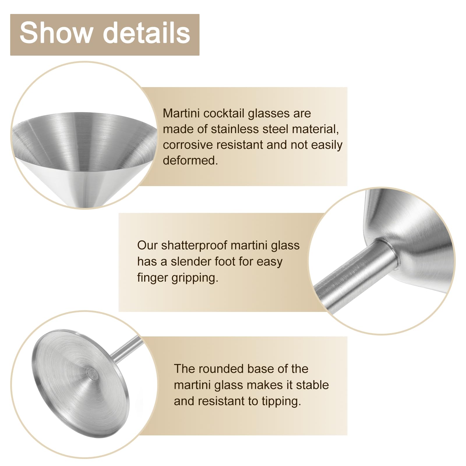 Uxcell Stainless Steel Martini Cocktail Glasses, 2Pcs 180ml/6 OZ Unbreakable Martini Glasses, Red Wine Glass Metal Shatter Proof for Wedding, Parties, GiftSilver - Image 3