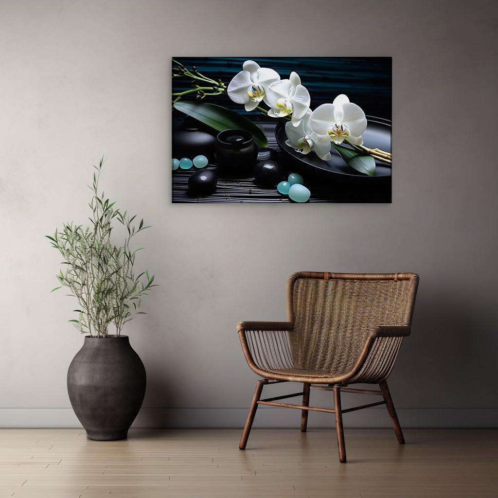 Art Wall: Masterful White Orchids and Stones Exuding Elegance and Tranquility. Interior Decor, Canvas Art Design, Art Apartment Decoration, Office Arts Design. Size: 69x46 cm (27x18 inch)