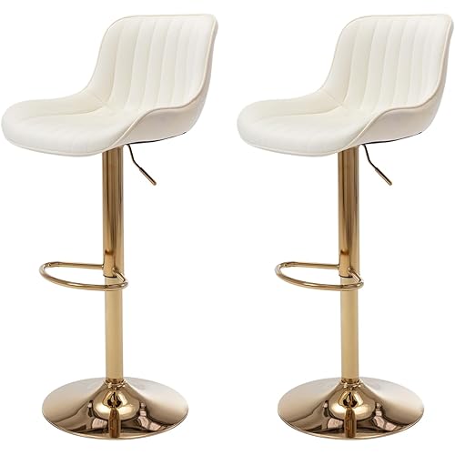 Velvet Bar Stools Set of 2 - Swivel Counter Height Barstools with Back & Adjustable Height, Modern Gold Kitchen Island Stools for Bar, Armless Pub Stools, Soft Beige Upholstered Seating