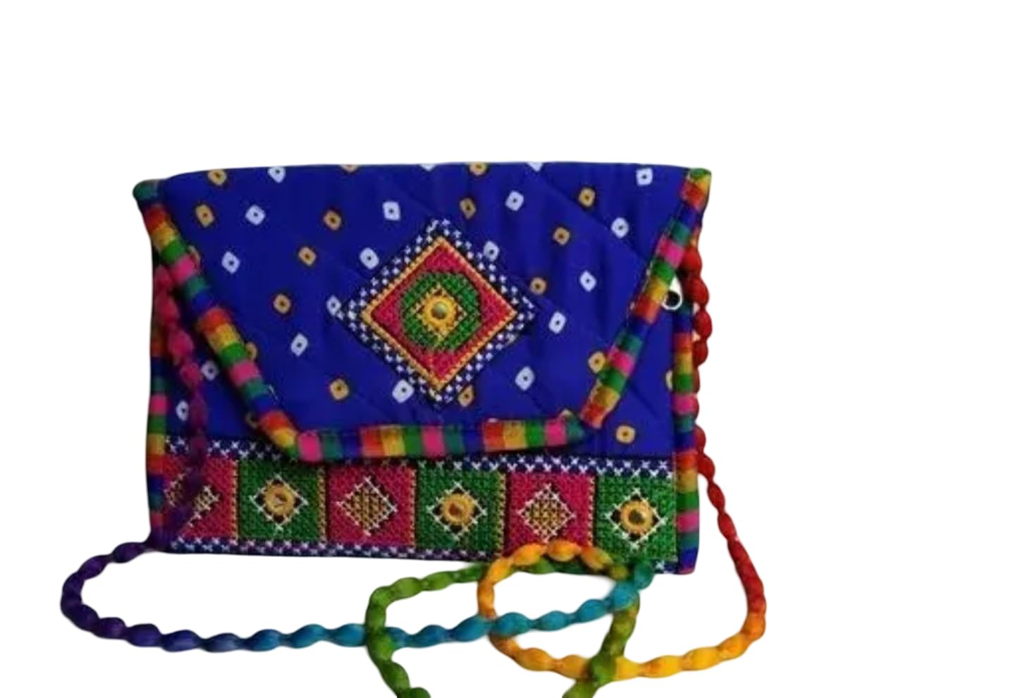 Bandana traditionnel fabriqué à la main, bleu roi avec broderie géométrique, bordure à pompons multicolores