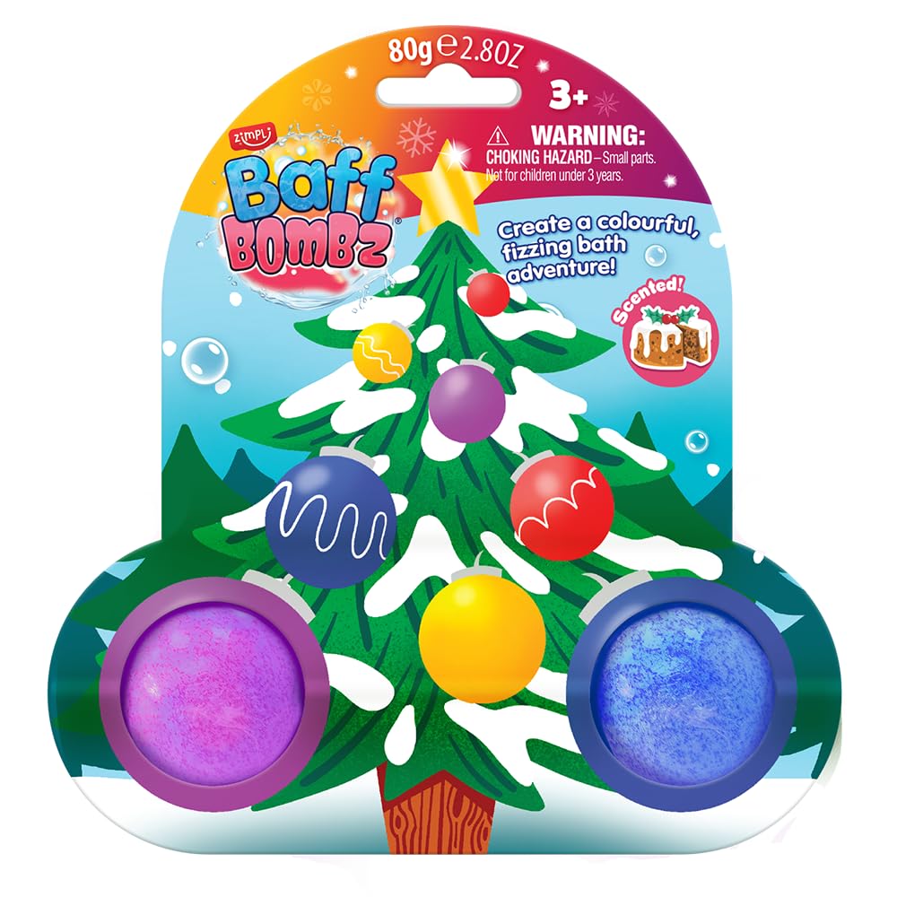 ZIMPLI - - Christmas Tree Baff Bombz on Gift Card, Xmas Gift, Bath Bombs Stocking Filler for Boys & Girls, Fizzers for Kids, UK Made