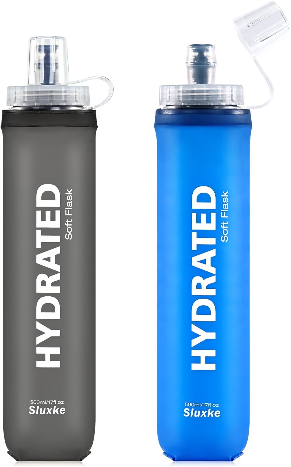 SLUXKE Soft Flask 2 Pack with Dust Cap, 17oz/500ml Flexible TPU Soft Water Flasks for Running Vest, BPA-Free Hydration Foldable Flask for Hiking, Cycling