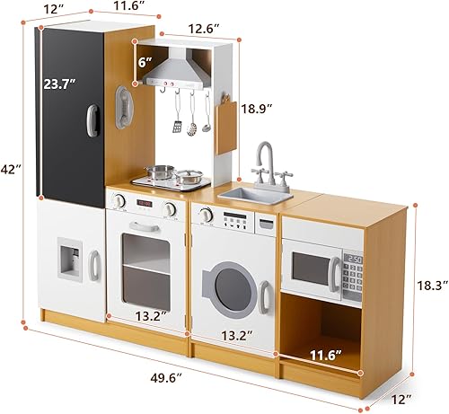 Miniatura 6 de JOYLDIAS Juego de cocina para niños, juego de cocina de madera con sonido y luz reales, máquina de hielo, horno, lavadora, pizarra, combinación