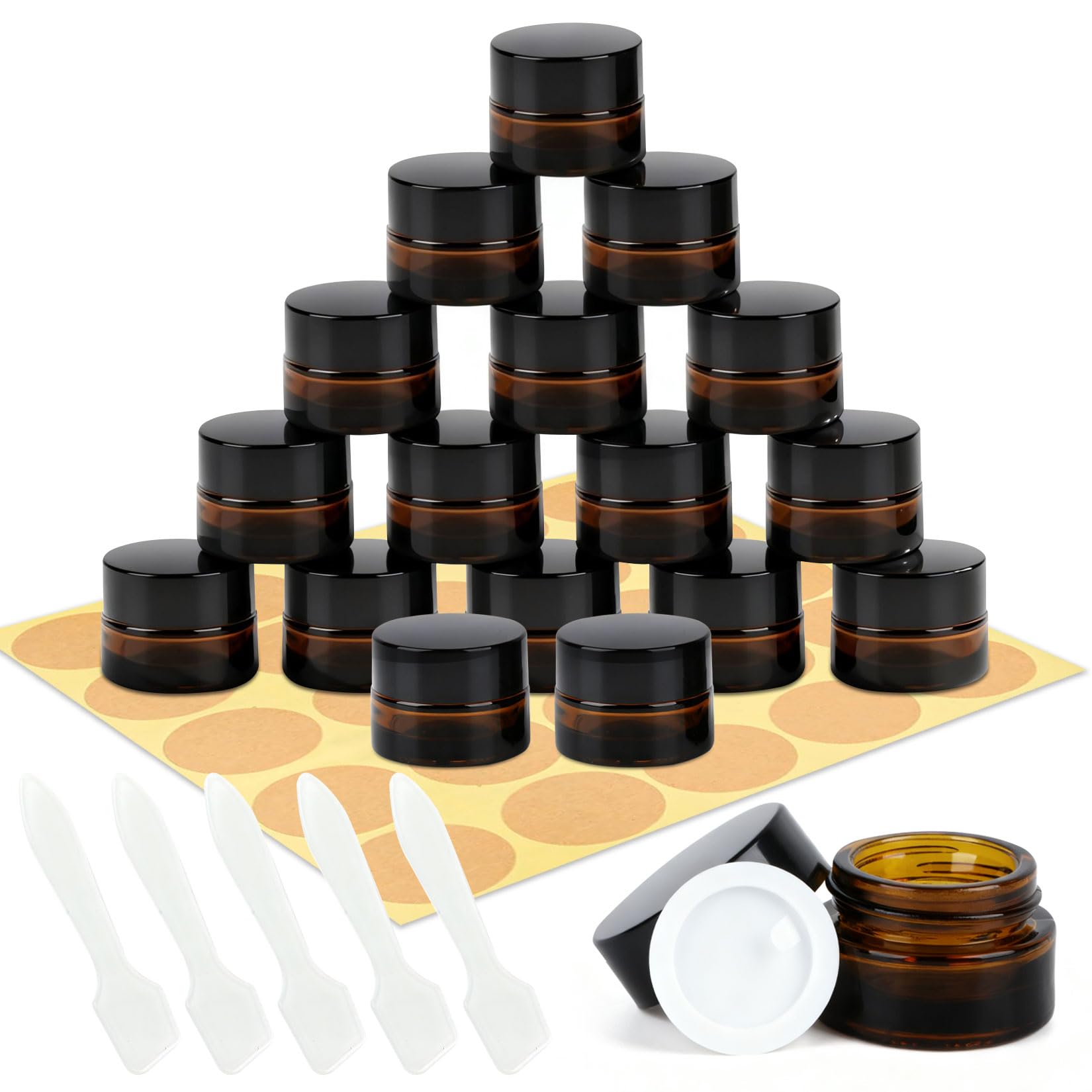 17 Pcs Frascos de Vidrio con Tapa Pequeños, ámbar Tarros de Cristal 5ml, Tarros Vacios para Crema, frascos para cosmeticos lociones de viaje, envases de muestra + 5 cucharas, 25 pegatinas