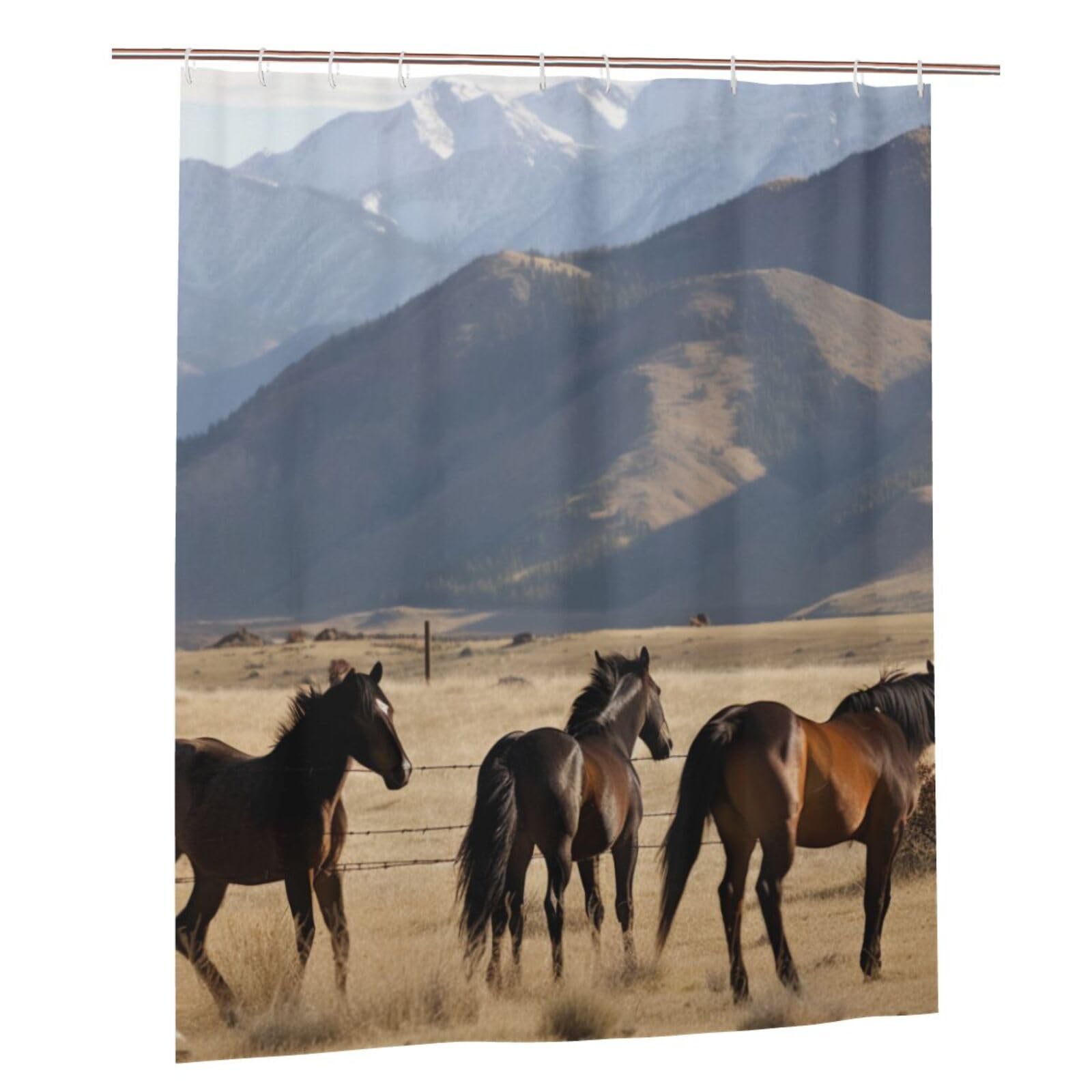 BWWHCCTI Mountain Farm Horses Printed Shower Curtain With 12 Plastic Hooks Opaque Quick Drying Waterproof Shower Curtains Sets For Bathroom 152x183 Cm