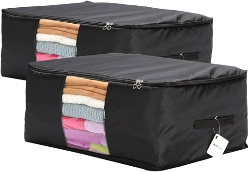Comforter Storage Bags Pack of 2,Pillow Beddings/Blanket Clothes Organizer Storage Containers with Zippers,Breathable and MoistureproofBlack,2pcs