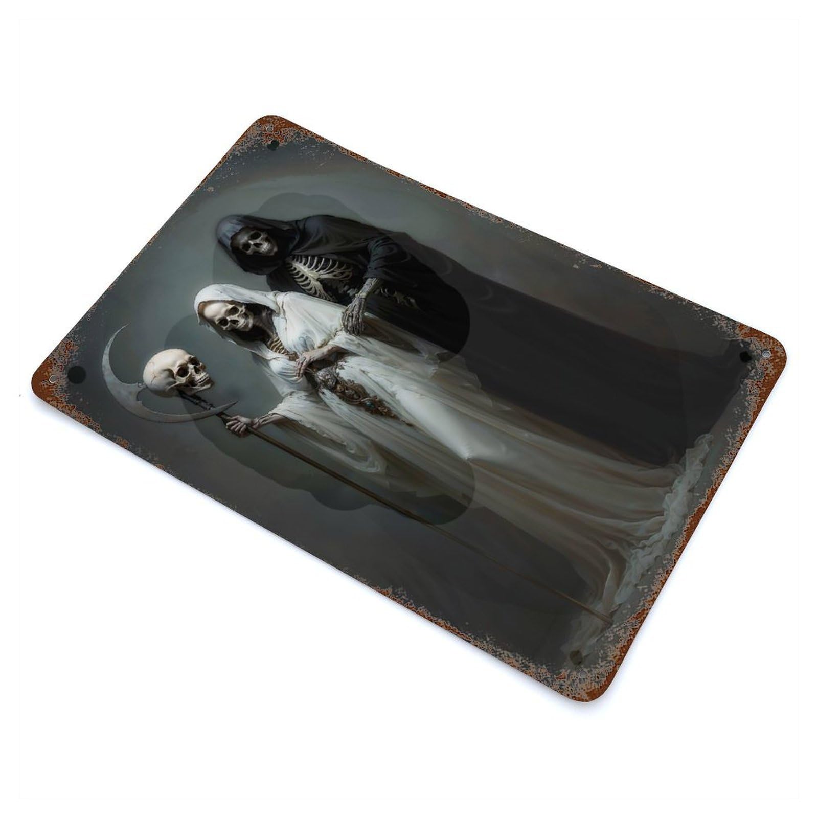 Rust Effect Tin Sign Death And The Maiden, Santa Muerte 11.8"x7.9", Vintage Wall Decor for Basement, Hobby Room And Garage Decor