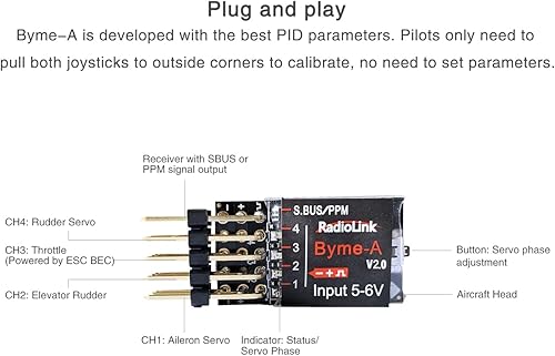 Miniatura 5 de Radiolink Byme-A V2.1 y R8XM Controlador de vuelo RC Estabilizador de avión con giroscopio y receptor RC SBUS/PPM Telemetría de voltaje Control de