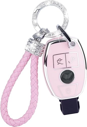 Funda para llavero con cordón brillante, compatible con CLS CLK AMG CLK GLC GLE GLS ML SL SLK A C E R S G Soft TPU Smart Key Holder (rosa)
